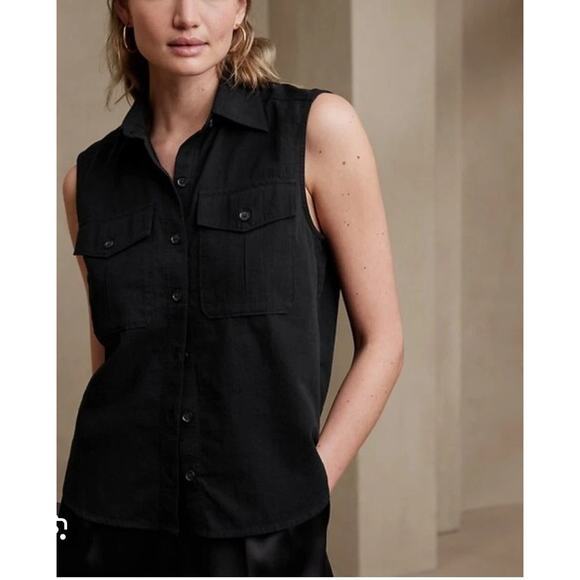 BANANA REPUBLIC Double Pocket Sleeveless Shirt-Black- NWT Women Medium - Picture 1 of 6